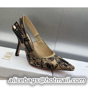 Grade Dior J'Adior Slingback Pumps 9.5cm in Beige and Black Cotton Embroidered with Plan de Paris Motif 902003