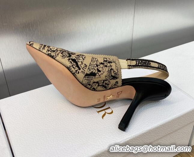 Grade Dior J'Adior Slingback Pumps 9.5cm in Beige and Black Cotton Embroidered with Plan de Paris Motif 902003