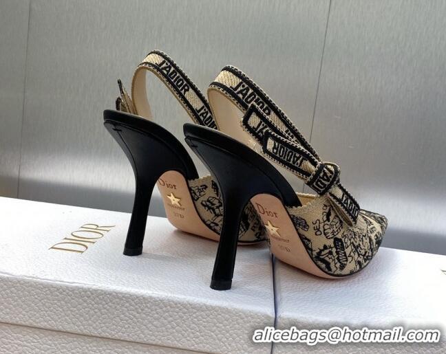 Grade Dior J'Adior Slingback Pumps 9.5cm in Beige and Black Cotton Embroidered with Plan de Paris Motif 902003