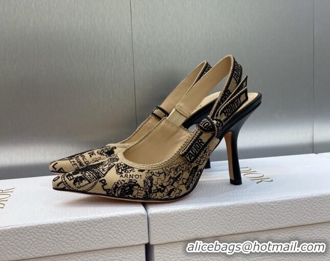 Grade Dior J'Adior Slingback Pumps 9.5cm in Beige and Black Cotton Embroidered with Plan de Paris Motif 902003