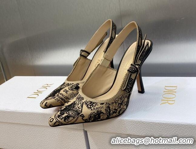 Grade Dior J'Adior Slingback Pumps 9.5cm in Beige and Black Cotton Embroidered with Plan de Paris Motif 902003