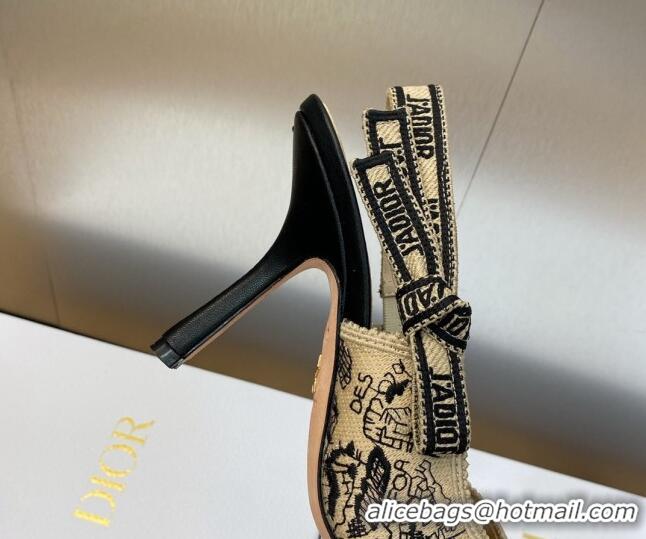 Grade Dior J'Adior Slingback Pumps 9.5cm in Beige and Black Cotton Embroidered with Plan de Paris Motif 902003