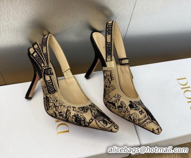 Grade Dior J'Adior Slingback Pumps 9.5cm in Beige and Black Cotton Embroidered with Plan de Paris Motif 902003