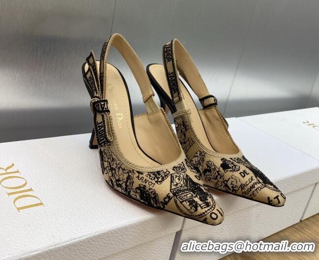 Grade Dior J'Adior Slingback Pumps 9.5cm in Beige and Black Cotton Embroidered with Plan de Paris Motif 902003