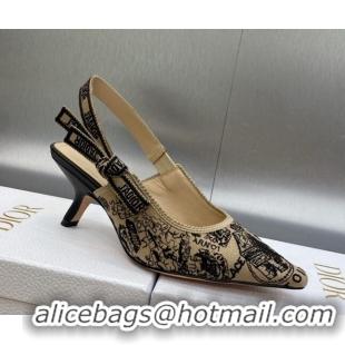 Best Price Dior J'Adior Slingback Pumps 6.5cm in Beige and Black Cotton Embroidered with Plan de Paris Motif 902004