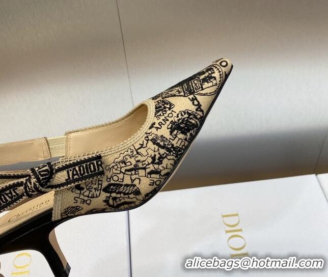 Best Price Dior J'Adior Slingback Pumps 6.5cm in Beige and Black Cotton Embroidered with Plan de Paris Motif 902004