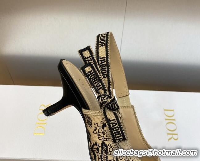 Best Price Dior J'Adior Slingback Pumps 6.5cm in Beige and Black Cotton Embroidered with Plan de Paris Motif 902004