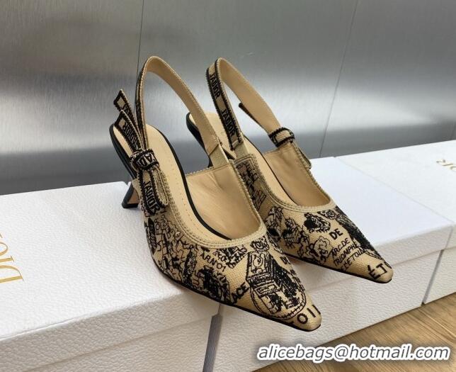 Best Price Dior J'Adior Slingback Pumps 6.5cm in Beige and Black Cotton Embroidered with Plan de Paris Motif 902004