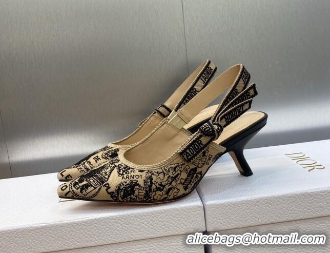 Best Price Dior J'Adior Slingback Pumps 6.5cm in Beige and Black Cotton Embroidered with Plan de Paris Motif 902004