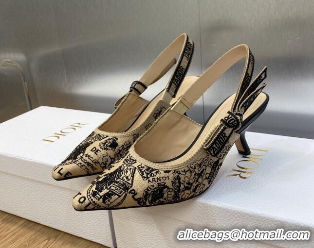 Best Price Dior J'Adior Slingback Pumps 6.5cm in Beige and Black Cotton Embroidered with Plan de Paris Motif 902004