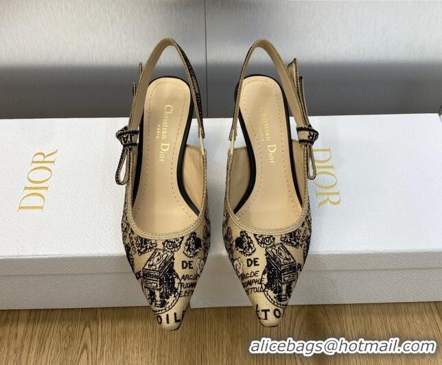 Best Price Dior J'Adior Slingback Pumps 6.5cm in Beige and Black Cotton Embroidered with Plan de Paris Motif 902004