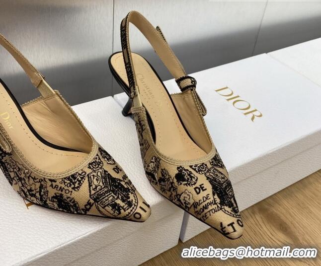 Best Price Dior J'Adior Slingback Pumps 6.5cm in Beige and Black Cotton Embroidered with Plan de Paris Motif 902004