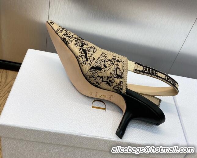 Best Price Dior J'Adior Slingback Pumps 6.5cm in Beige and Black Cotton Embroidered with Plan de Paris Motif 902004