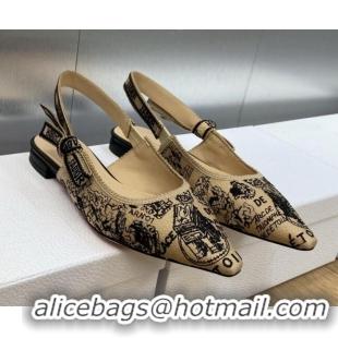 Sophisticated Dior J'Adior Slingback Ballet Flat in Beige and Black Cotton Embroidered with Plan de Paris Motif 902005