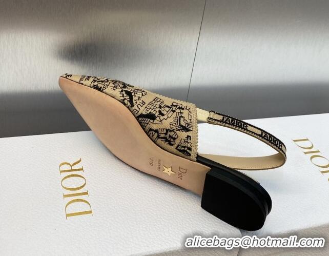 Sophisticated Dior J'Adior Slingback Ballet Flat in Beige and Black Cotton Embroidered with Plan de Paris Motif 902005