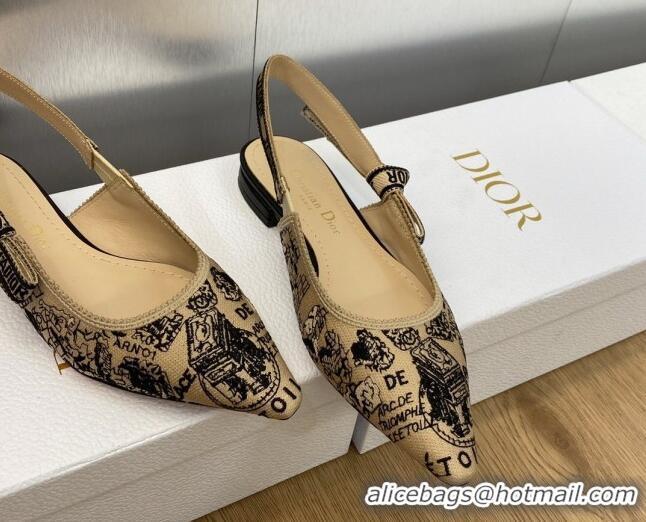 Sophisticated Dior J'Adior Slingback Ballet Flat in Beige and Black Cotton Embroidered with Plan de Paris Motif 902005