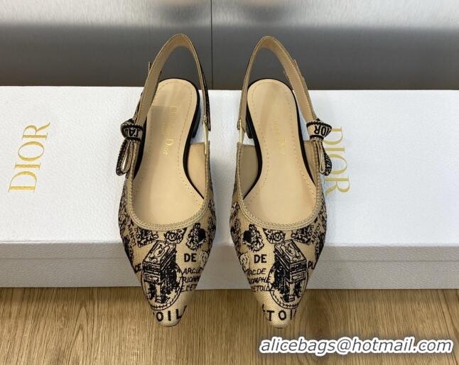 Sophisticated Dior J'Adior Slingback Ballet Flat in Beige and Black Cotton Embroidered with Plan de Paris Motif 902005