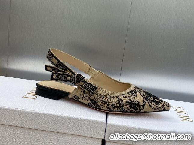 Sophisticated Dior J'Adior Slingback Ballet Flat in Beige and Black Cotton Embroidered with Plan de Paris Motif 902005