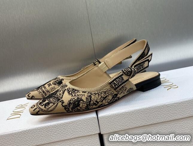 Sophisticated Dior J'Adior Slingback Ballet Flat in Beige and Black Cotton Embroidered with Plan de Paris Motif 902005