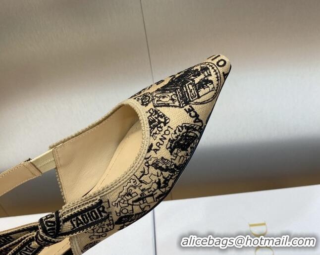 Sophisticated Dior J'Adior Slingback Ballet Flat in Beige and Black Cotton Embroidered with Plan de Paris Motif 902005