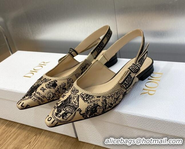 Sophisticated Dior J'Adior Slingback Ballet Flat in Beige and Black Cotton Embroidered with Plan de Paris Motif 902005