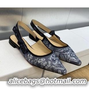 Stylish Dior J'Adior Slingback Ballet Flat in Blue Multicolor Embroidered Denim with Toile de Jouy Sauvage Motif 902008