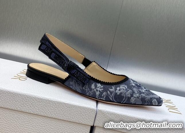 Stylish Dior J'Adior Slingback Ballet Flat in Blue Multicolor Embroidered Denim with Toile de Jouy Sauvage Motif 902008