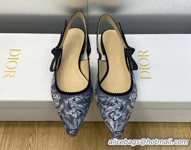 Stylish Dior J'Adior Slingback Ballet Flat in Blue Multicolor Embroidered Denim with Toile de Jouy Sauvage Motif 902008