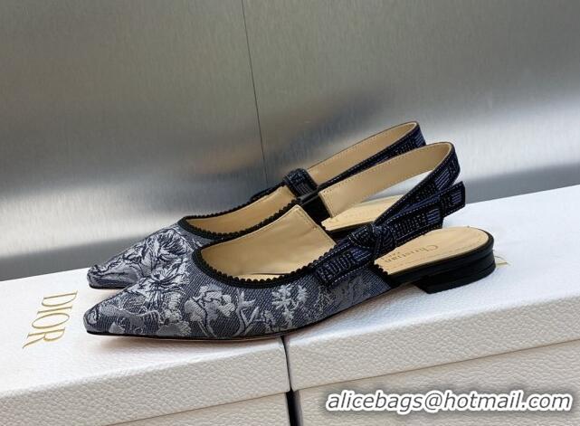 Stylish Dior J'Adior Slingback Ballet Flat in Blue Multicolor Embroidered Denim with Toile de Jouy Sauvage Motif 902008