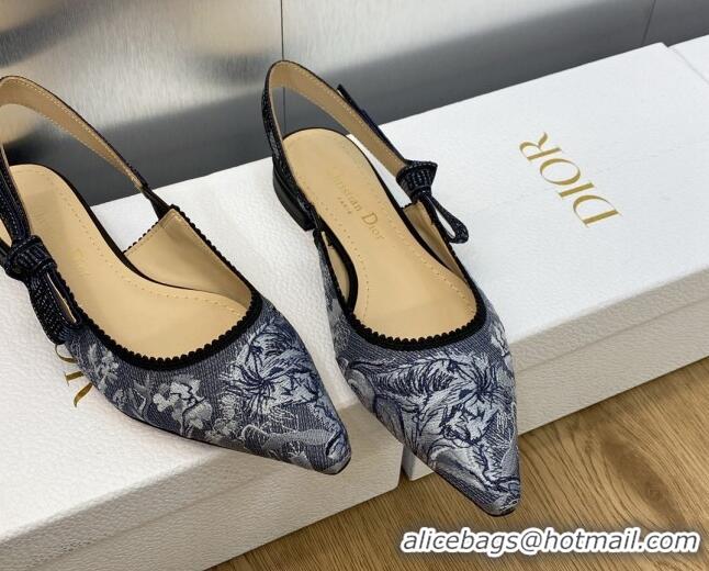 Stylish Dior J'Adior Slingback Ballet Flat in Blue Multicolor Embroidered Denim with Toile de Jouy Sauvage Motif 902008