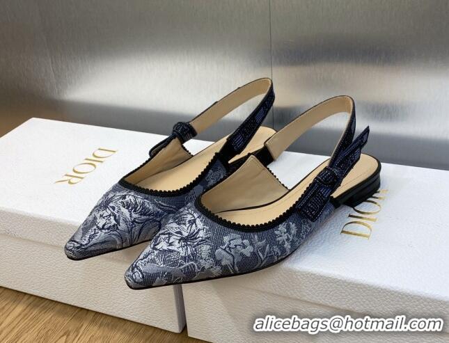 Stylish Dior J'Adior Slingback Ballet Flat in Blue Multicolor Embroidered Denim with Toile de Jouy Sauvage Motif 902008