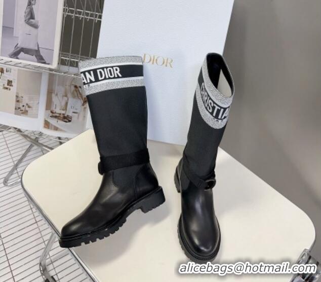 Luxury Dior D-Major Medium Boots in Fabric and Calfskin Black/White 902013