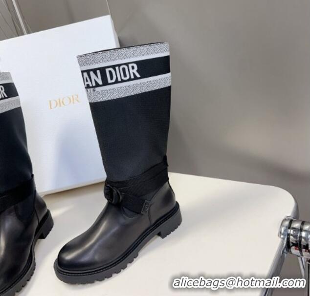 Luxury Dior D-Major Medium Boots in Fabric and Calfskin Black/White 902013