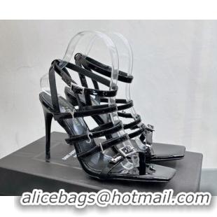 Popular Style Saint Laurent Jerry High Heel Sandals 10.5cm in Patent Leather and Crystals Black 614073