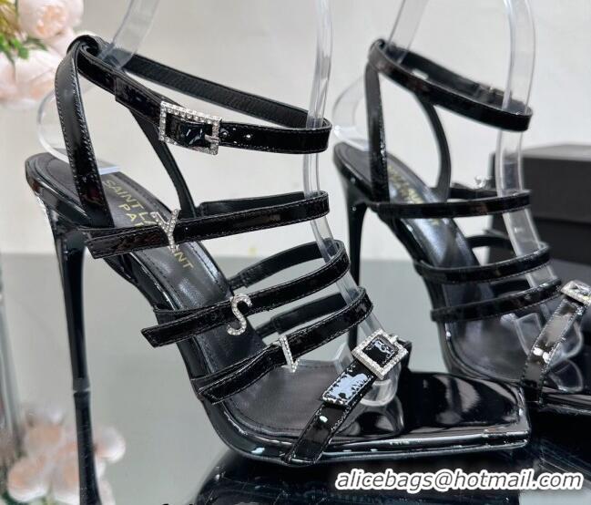 Popular Style Saint Laurent Jerry High Heel Sandals 10.5cm in Patent Leather and Crystals Black 614073