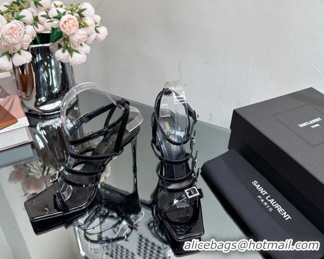 Popular Style Saint Laurent Jerry High Heel Sandals 10.5cm in Patent Leather and Crystals Black 614073