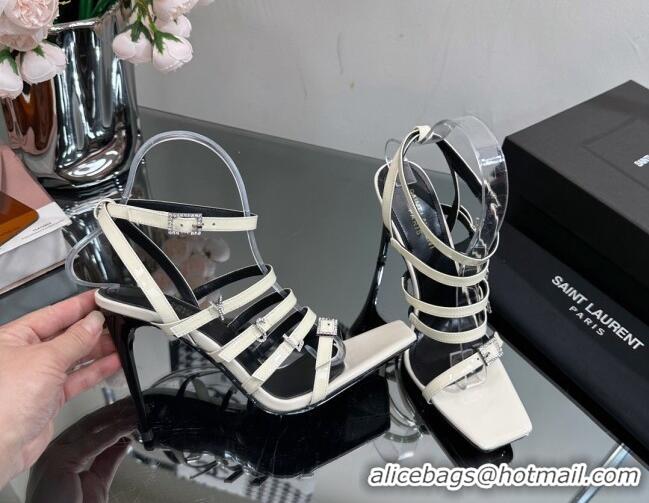 Charming Saint Laurent Jerry High Heel Sandals 10.5cm in Patent Leather and Crystals White 614074