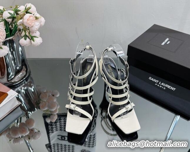 Charming Saint Laurent Jerry High Heel Sandals 10.5cm in Patent Leather and Crystals White 614074