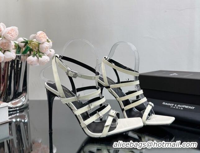 Charming Saint Laurent Jerry High Heel Sandals 10.5cm in Patent Leather and Crystals White 614074