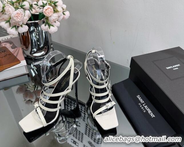 Charming Saint Laurent Jerry High Heel Sandals 10.5cm in Patent Leather and Crystals White 614074