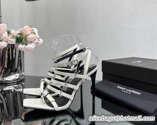 Charming Saint Laurent Jerry High Heel Sandals 10.5cm in Patent Leather and Crystals White 614074