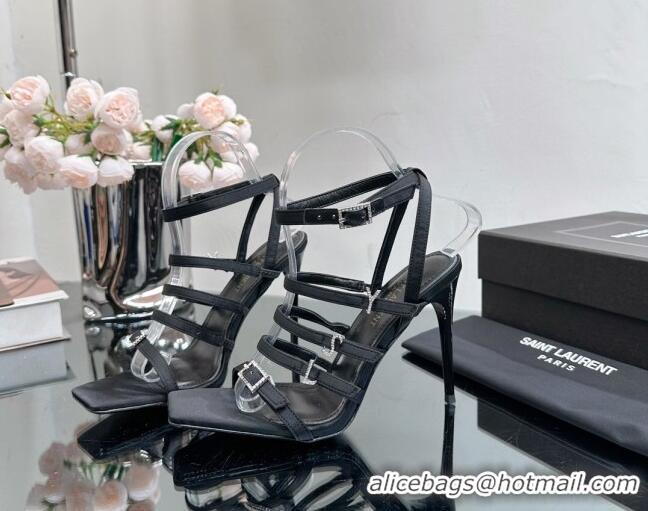 Original Cheap Saint Laurent Jerry High Heel Sandals 10.5cm in Crepe Satin and Crystals Black 614075