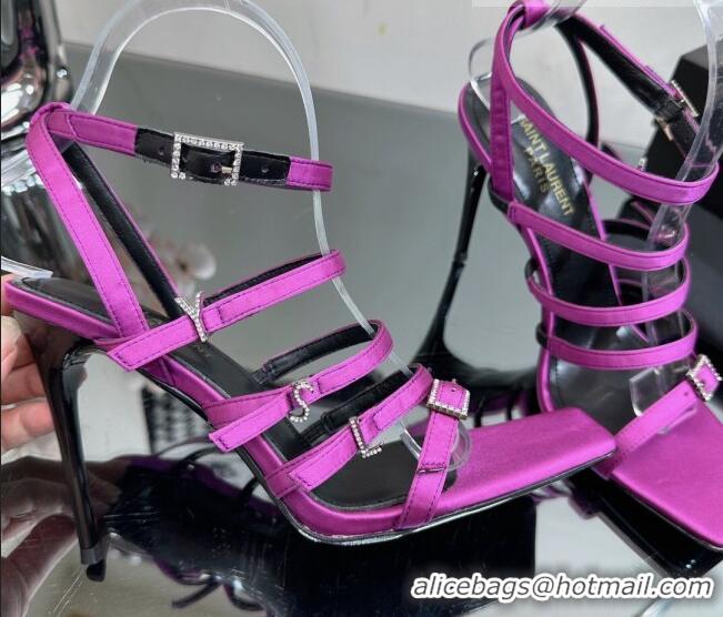 Lowest Price Saint Laurent Jerry High Heel Sandals 10.5cm in Crepe Satin and Crystals Purple 614076