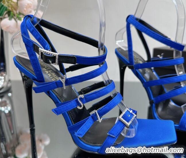 Good Product Saint Laurent Jerry High Heel Sandals 10.5cm in Crepe Satin and Crystals Blue 614077