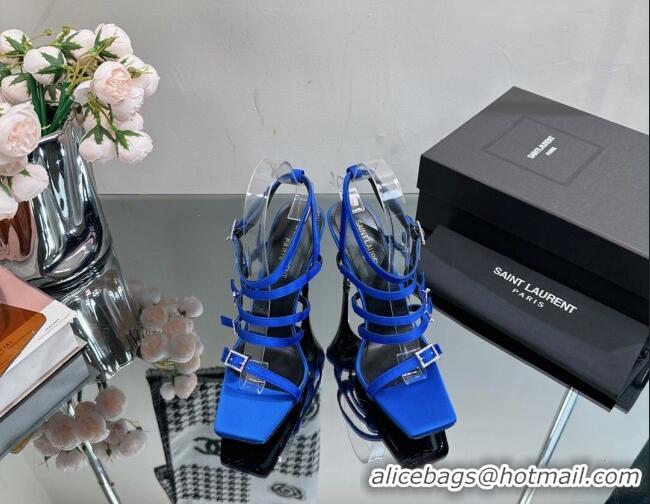 Good Product Saint Laurent Jerry High Heel Sandals 10.5cm in Crepe Satin and Crystals Blue 614077