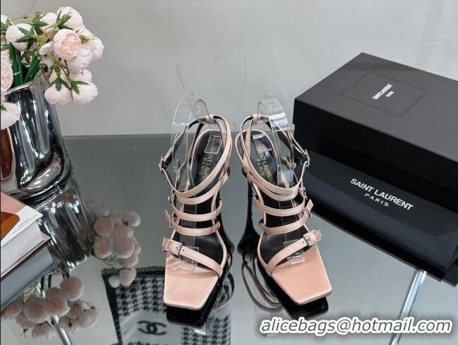 Top Design Saint Laurent Jerry High Heel Sandals 10.5cm in Crepe Satin and Crystals Nude 614078