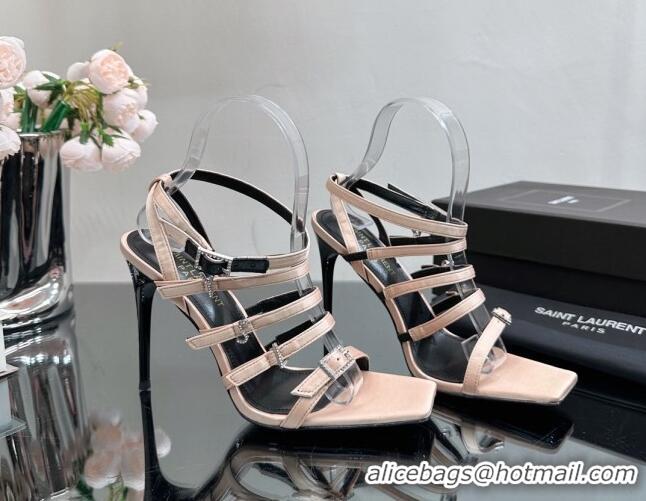 Top Design Saint Laurent Jerry High Heel Sandals 10.5cm in Crepe Satin and Crystals Nude 614078