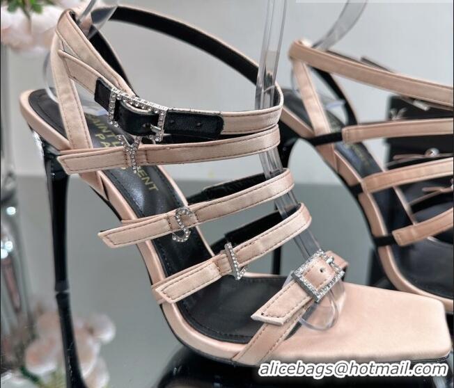 Top Design Saint Laurent Jerry High Heel Sandals 10.5cm in Crepe Satin and Crystals Nude 614078