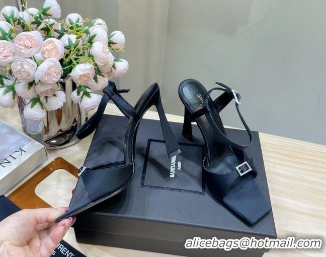 Cheap Price Saint Laurent Venue High Heel Sandals 10.5cm in Crepe Satin and Crystals Black 614079