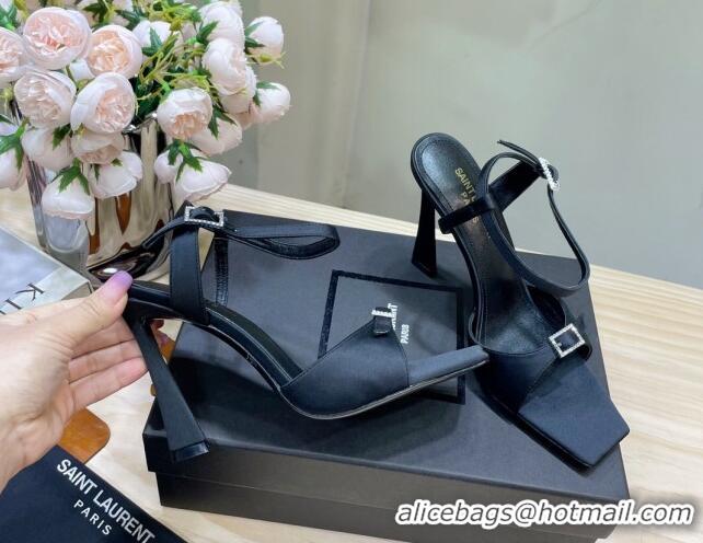 Cheap Price Saint Laurent Venue High Heel Sandals 10.5cm in Crepe Satin and Crystals Black 614079